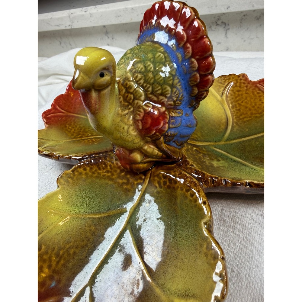Vintage Ceramic Turkey Candy Dish Autumn Leaf 3 Section Fall Thanksgiving Server